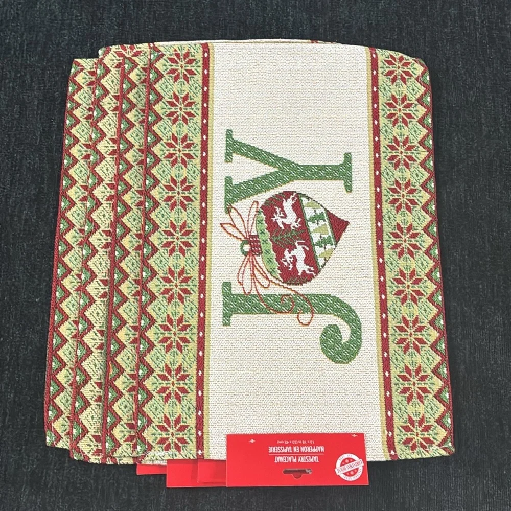 NWT- Set of 4- Cream- Red & Green JOY Ornament Holiday Tapestry Placemats 13x18